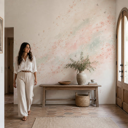 Cherry Blossoms Wallpaper Watercolor East Asian Inspired Removable Wall Decor