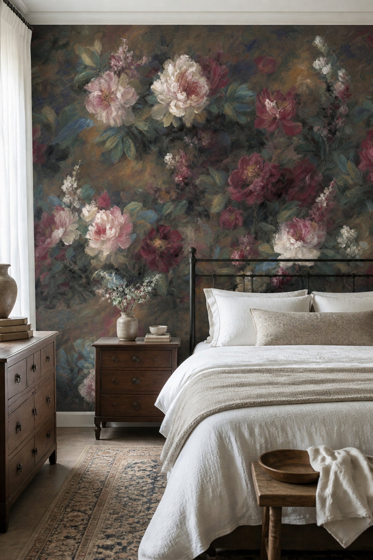 Dark Floral Wallpaper Muted Green Removable Wall Decor