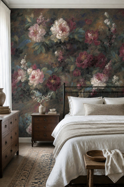 Dark Floral Wallpaper Muted Green Removable Wall Decor