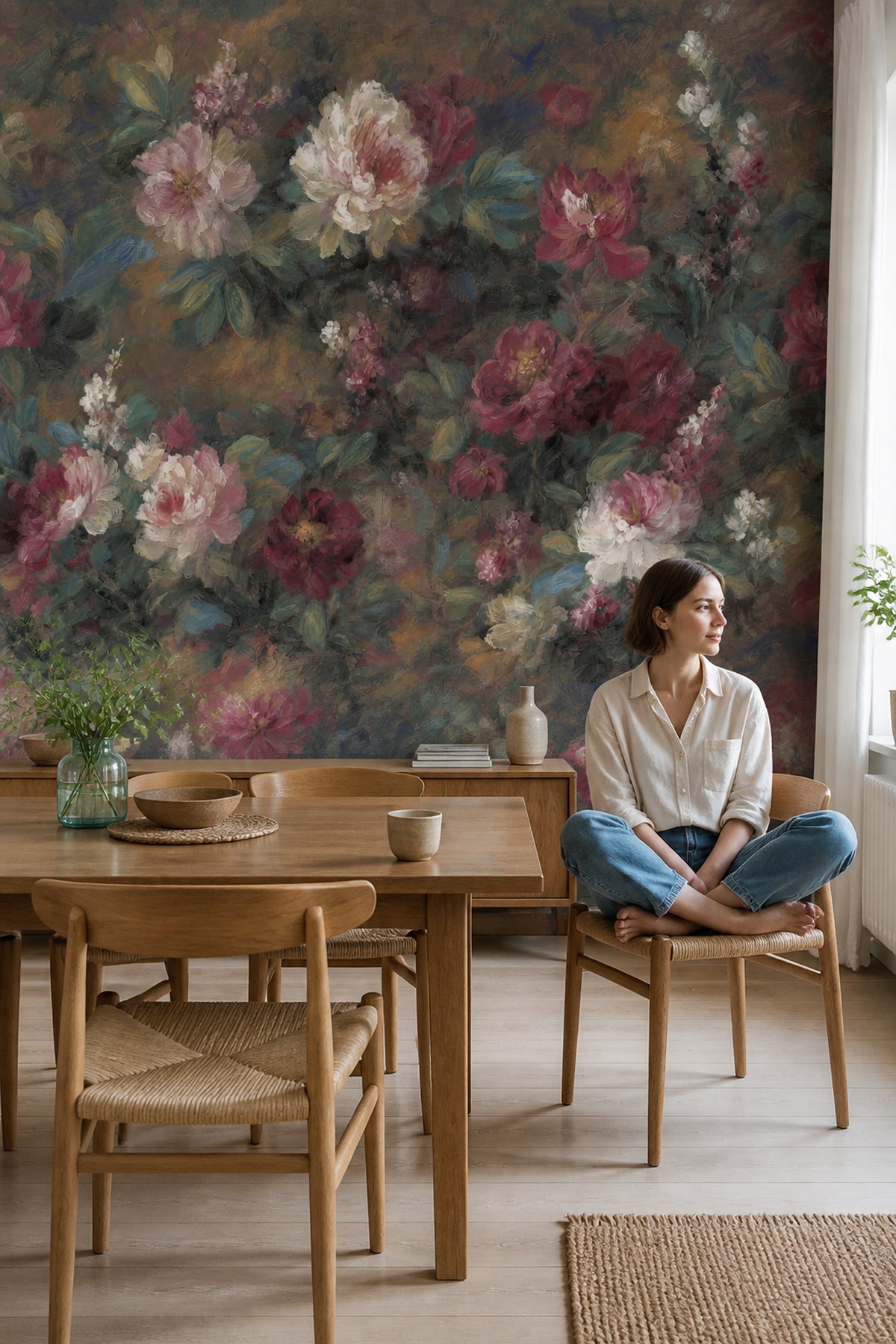 Dark Floral Wallpaper Muted Green Removable Wall Decor