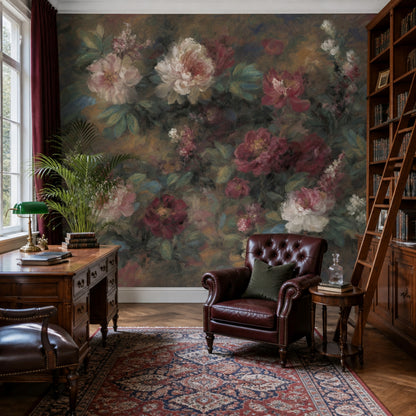 Dark Floral Wallpaper Muted Green Removable Wall Decor