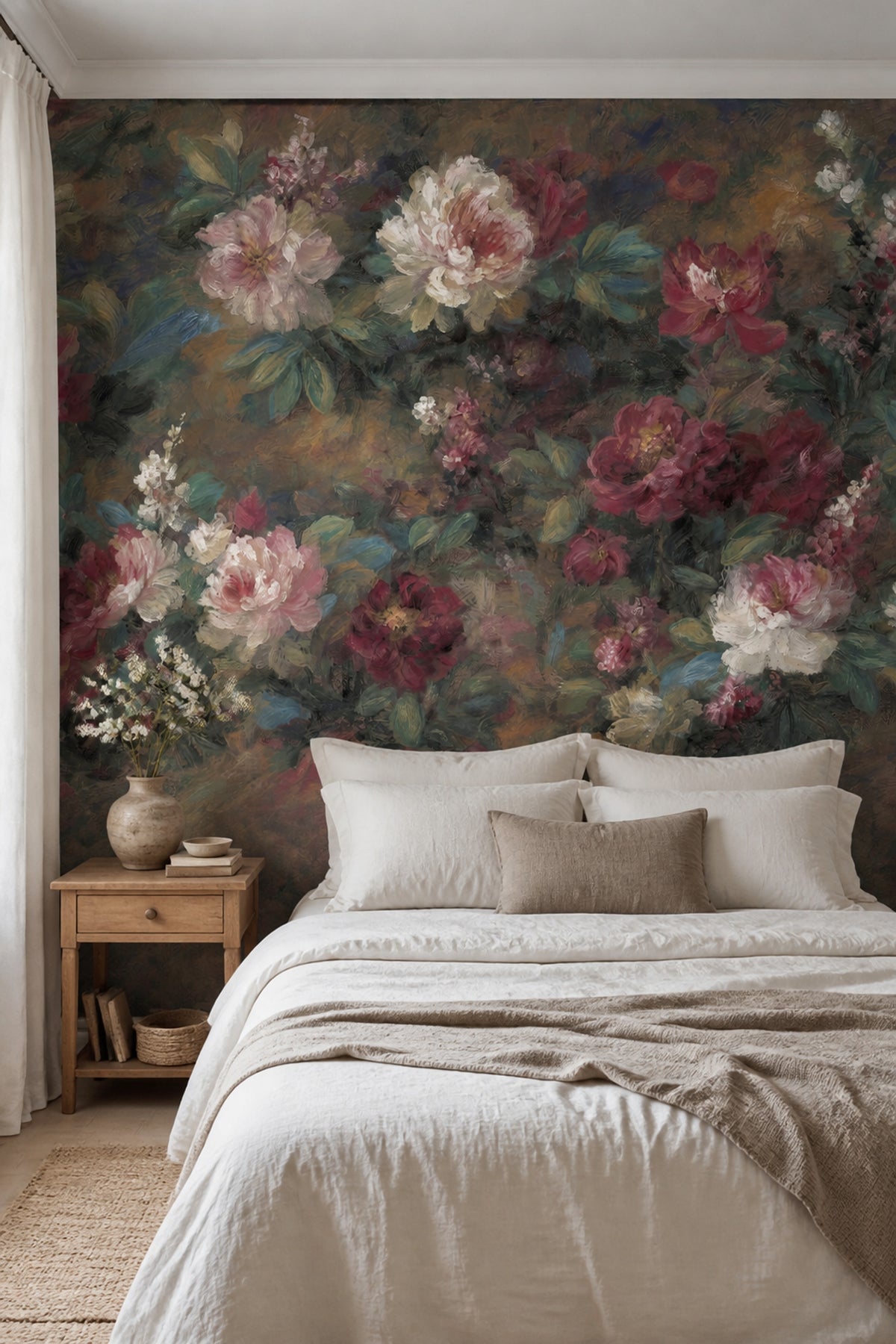 Dark Floral Wallpaper Muted Green Removable Wall Decor