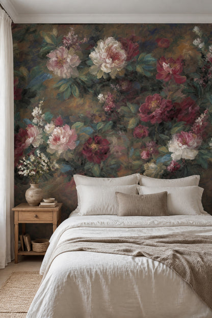 Dark Floral Wallpaper Muted Green Removable Wall Decor