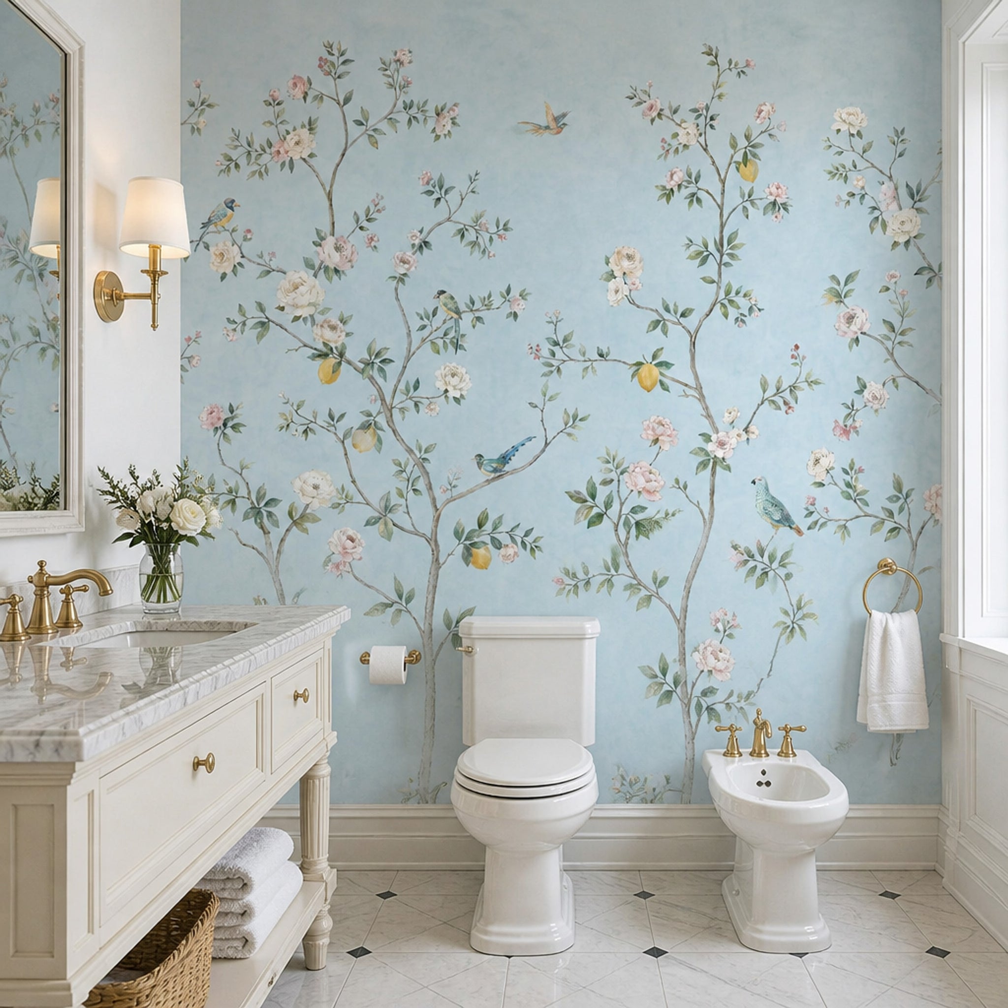 Chinoiserie Wallpaper Light Blue Removable Lemon Tree Wall Decor