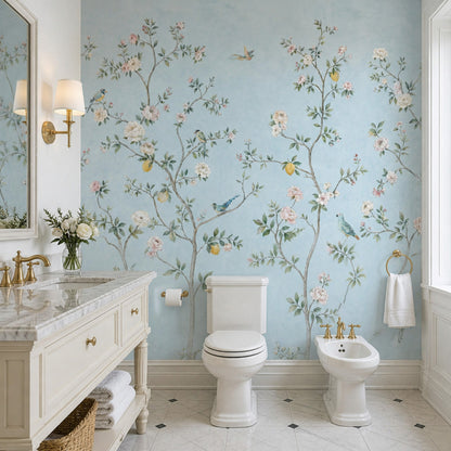 Chinoiserie Wallpaper Light Blue Removable Lemon Tree Wall Decor
