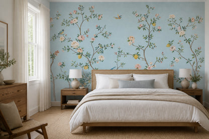 Chinoiserie Wallpaper Light Blue Removable Lemon Tree Wall Decor