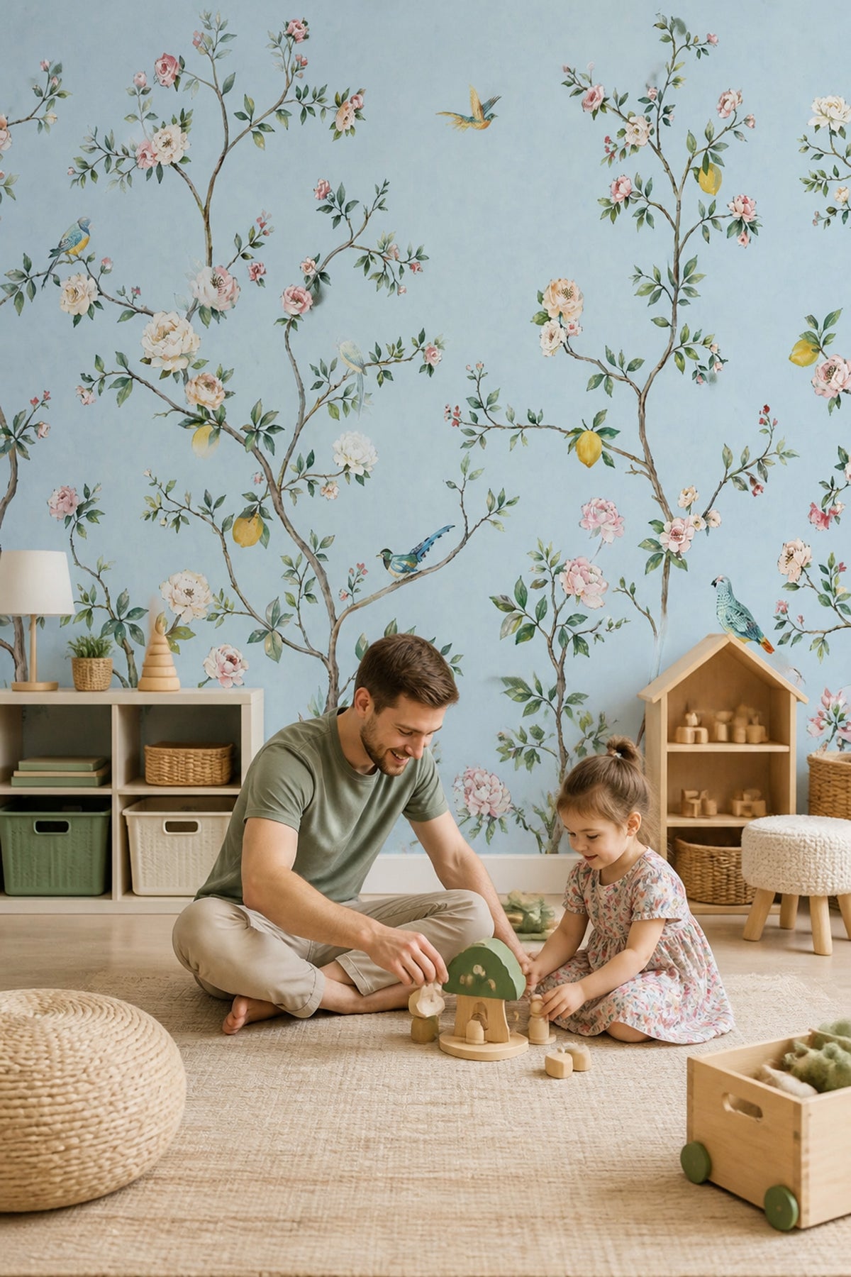 Chinoiserie Wallpaper Light Blue Removable Lemon Tree Wall Decor