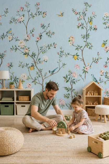 Chinoiserie Wallpaper Light Blue Removable Lemon Tree Wall Decor