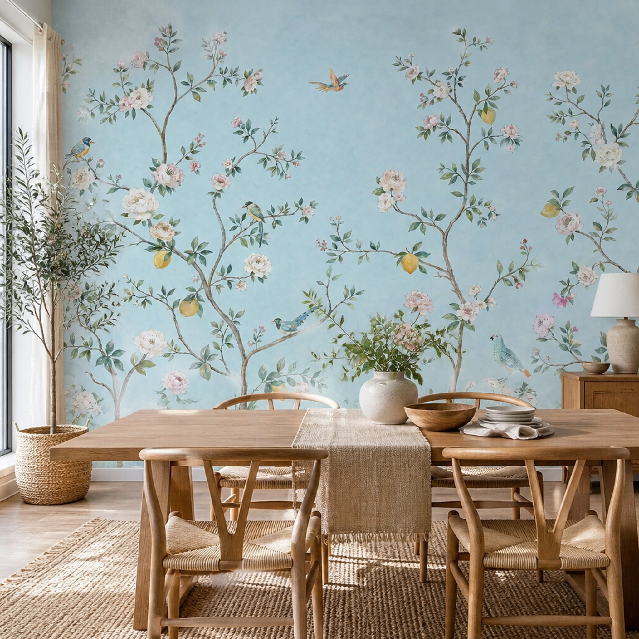 Chinoiserie Wallpaper Light Blue Removable Lemon Tree Wall Decor