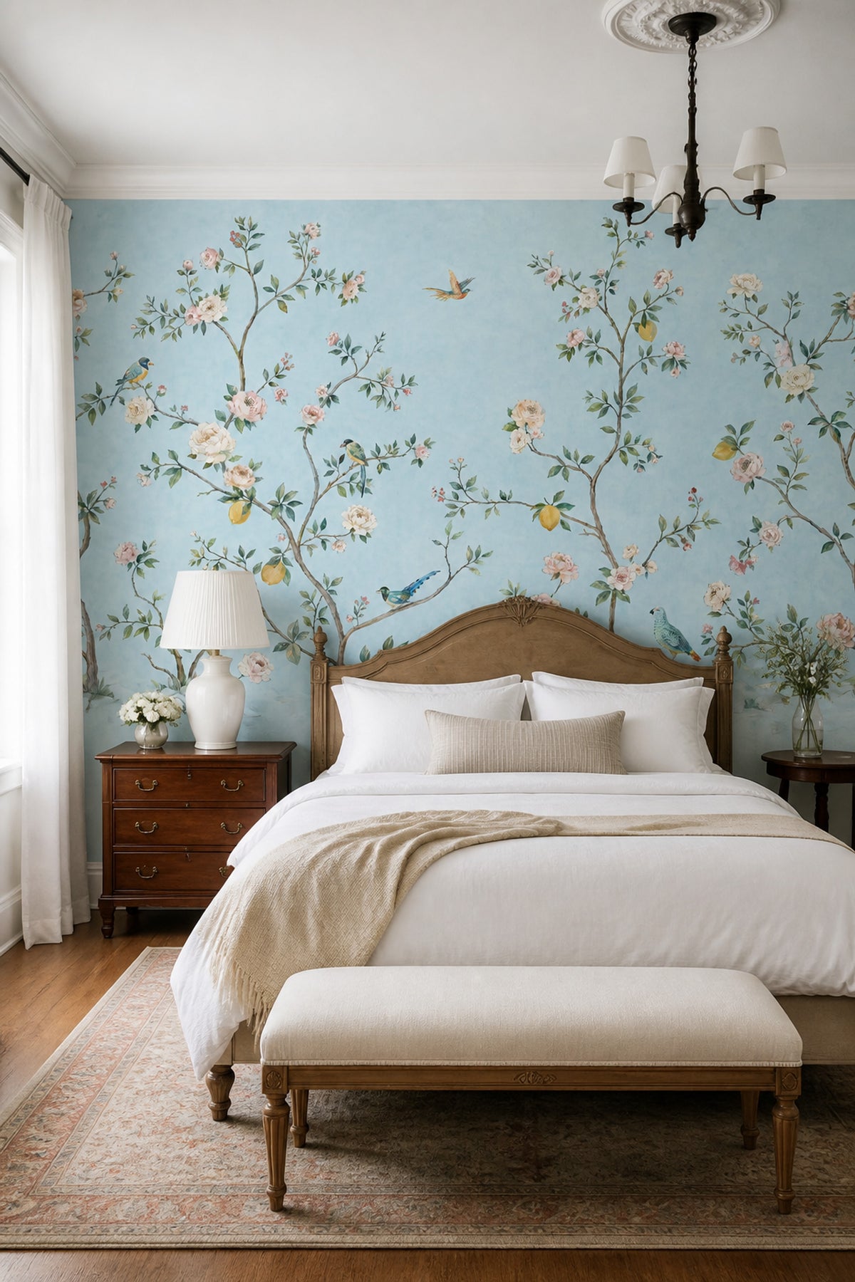 Chinoiserie Wallpaper Light Blue Removable Lemon Tree Wall Decor