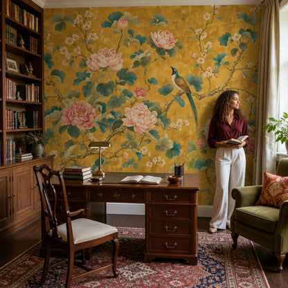 Chinoiserie Wallpaper Peonies Bird Removable Wall Decor