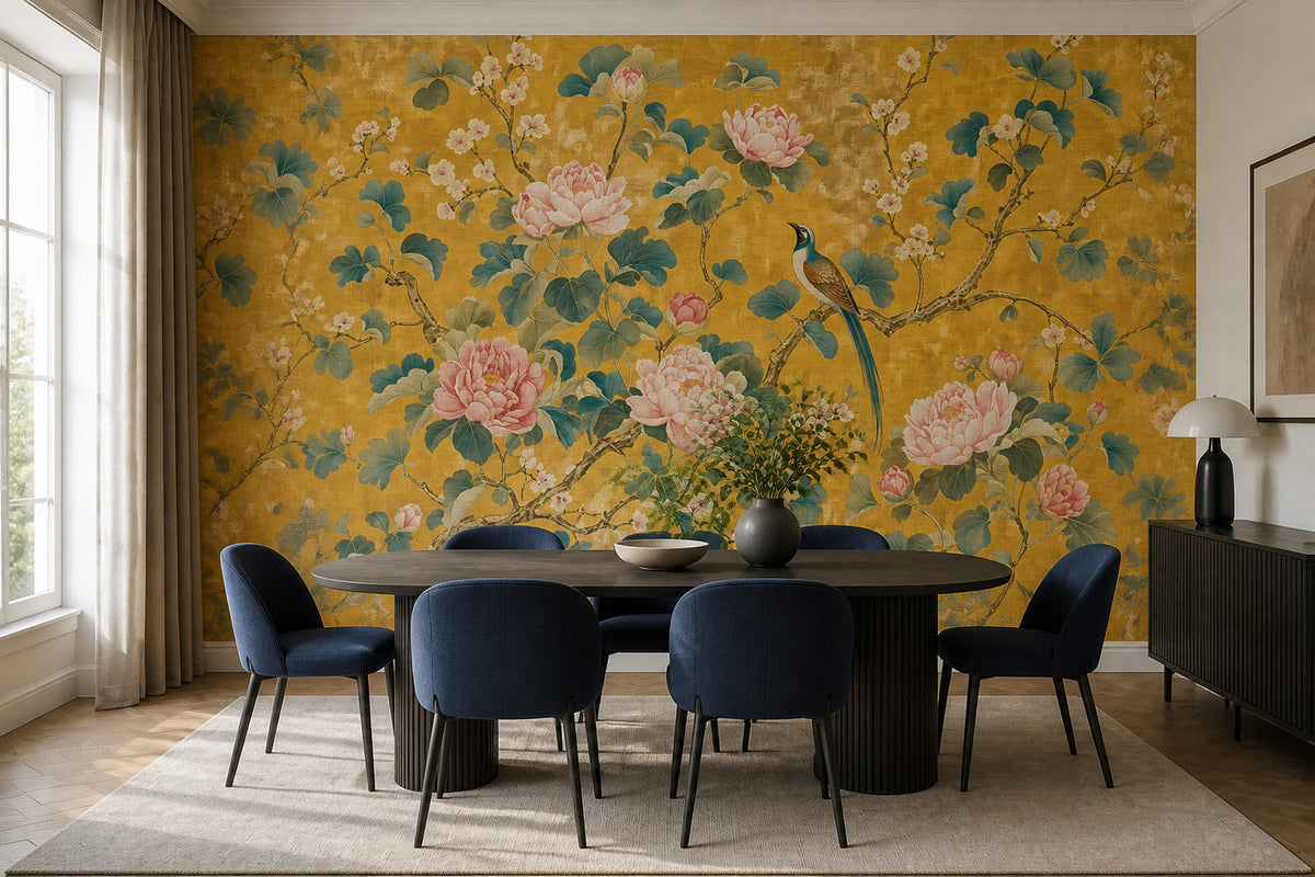 Chinoiserie Wallpaper Peonies Bird Removable Wall Decor