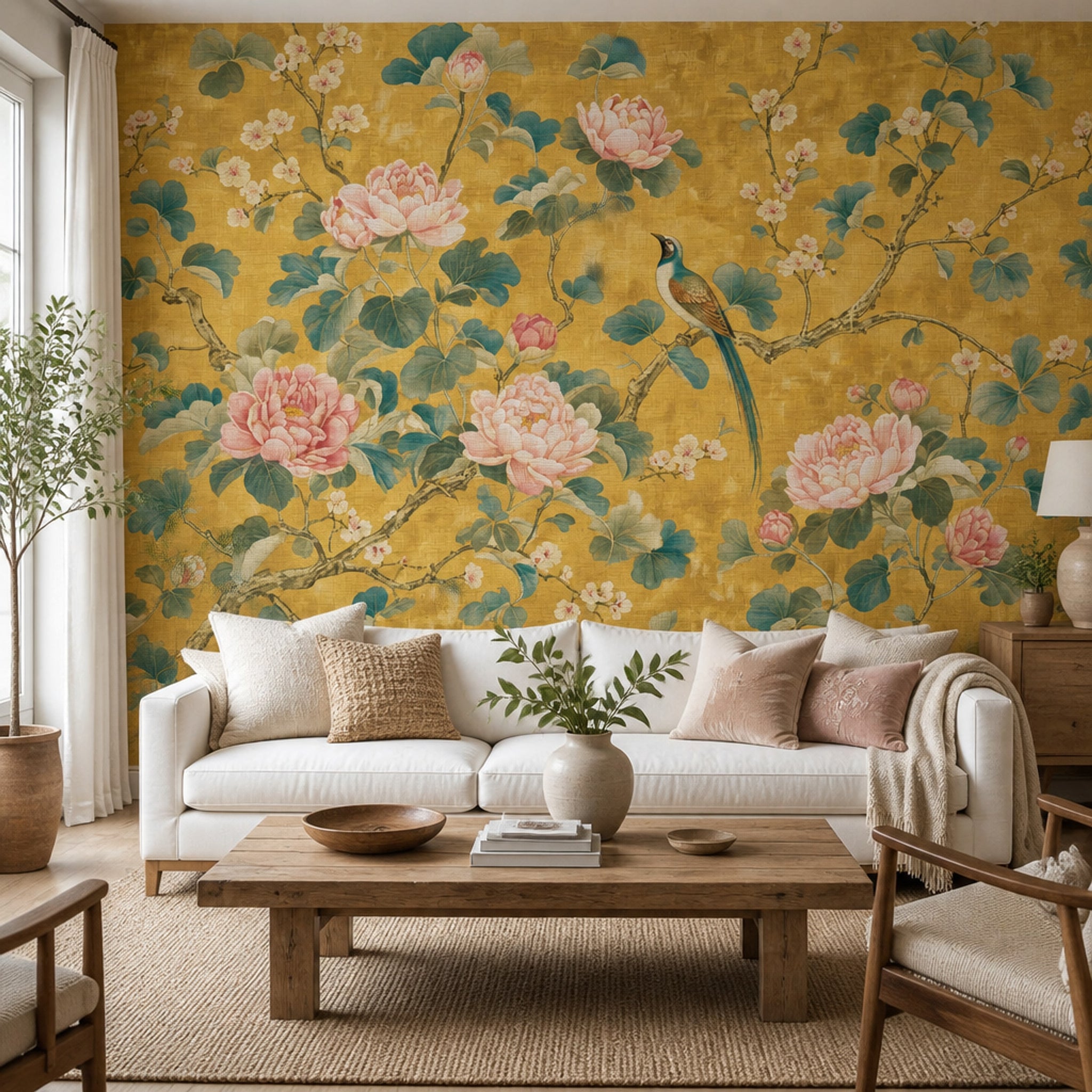 Chinoiserie Wallpaper Peonies Bird Removable Wall Decor