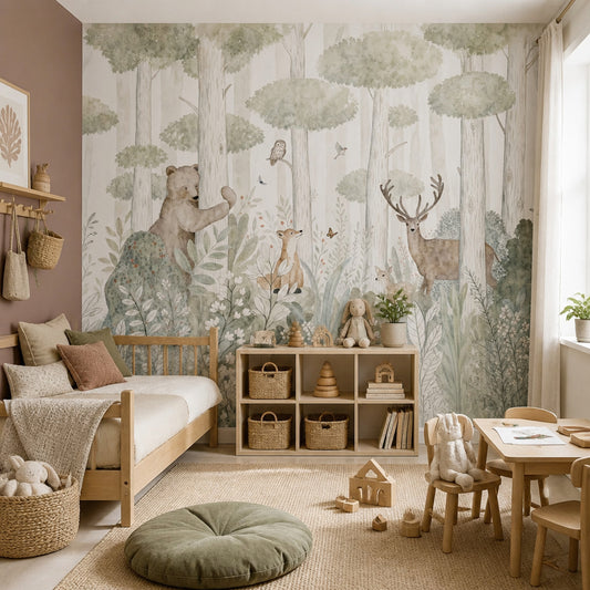 Watercolor Woodland Wallpaper Forest Animals Sage Green Removable Wall Decor