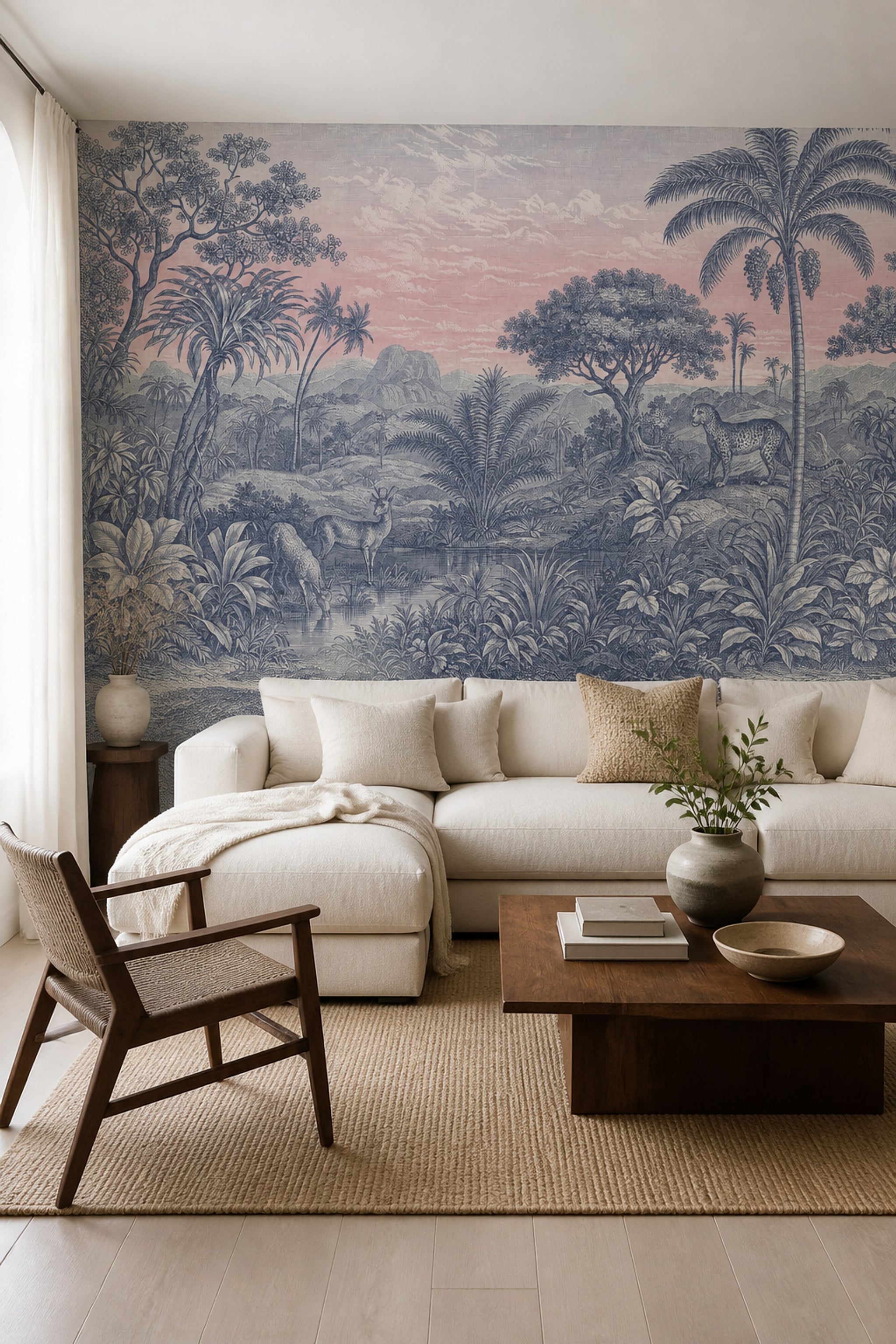 Tropical Landscape Wallpaper Toile Palm Trees Removable Wall Decor