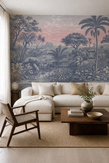Tropical Landscape Wallpaper Toile Palm Trees Removable Wall Decor
