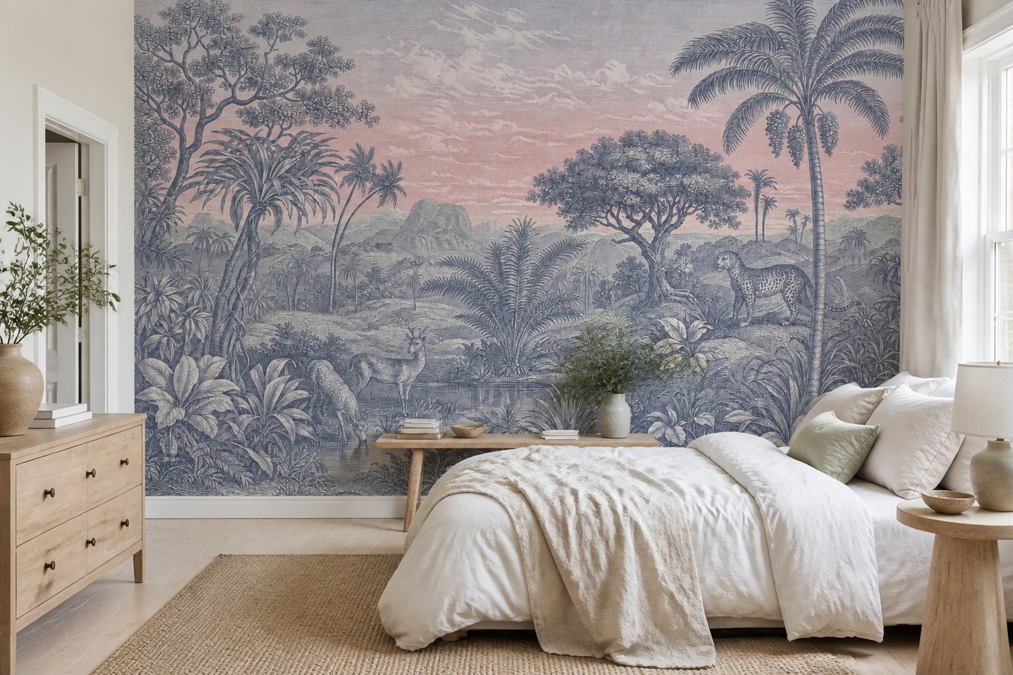 Tropical Landscape Wallpaper Toile Palm Trees Removable Wall Decor
