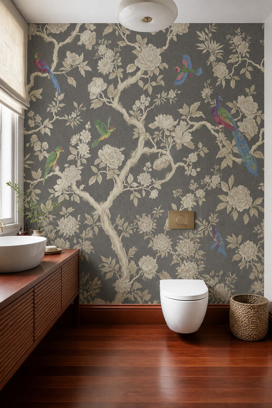 Chinoiserie Wallpaper Dark Gray Removable Exotic Birds Wall Decor