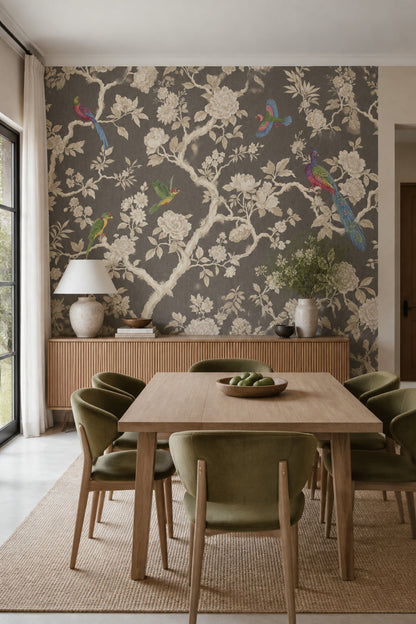 Chinoiserie Wallpaper Dark Gray Removable Exotic Birds Wall Decor
