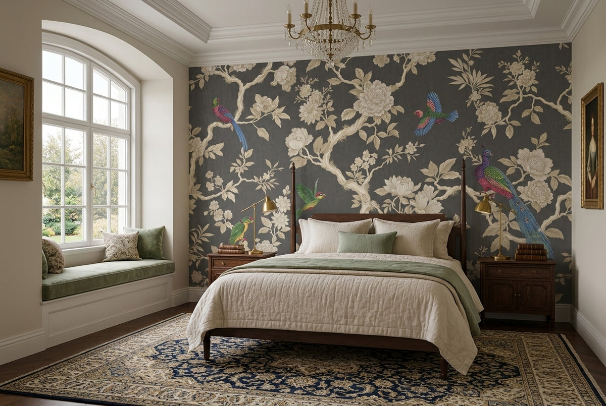 Chinoiserie Wallpaper Dark Gray Removable Exotic Birds Wall Decor