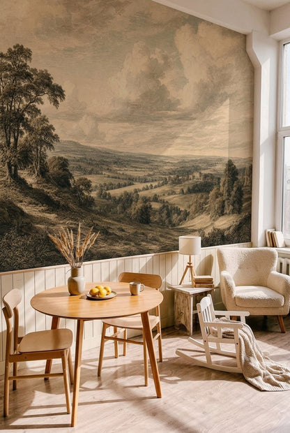 Vintage Landscape Wallpaper Pastoral Countryside Engraved Wall Mural