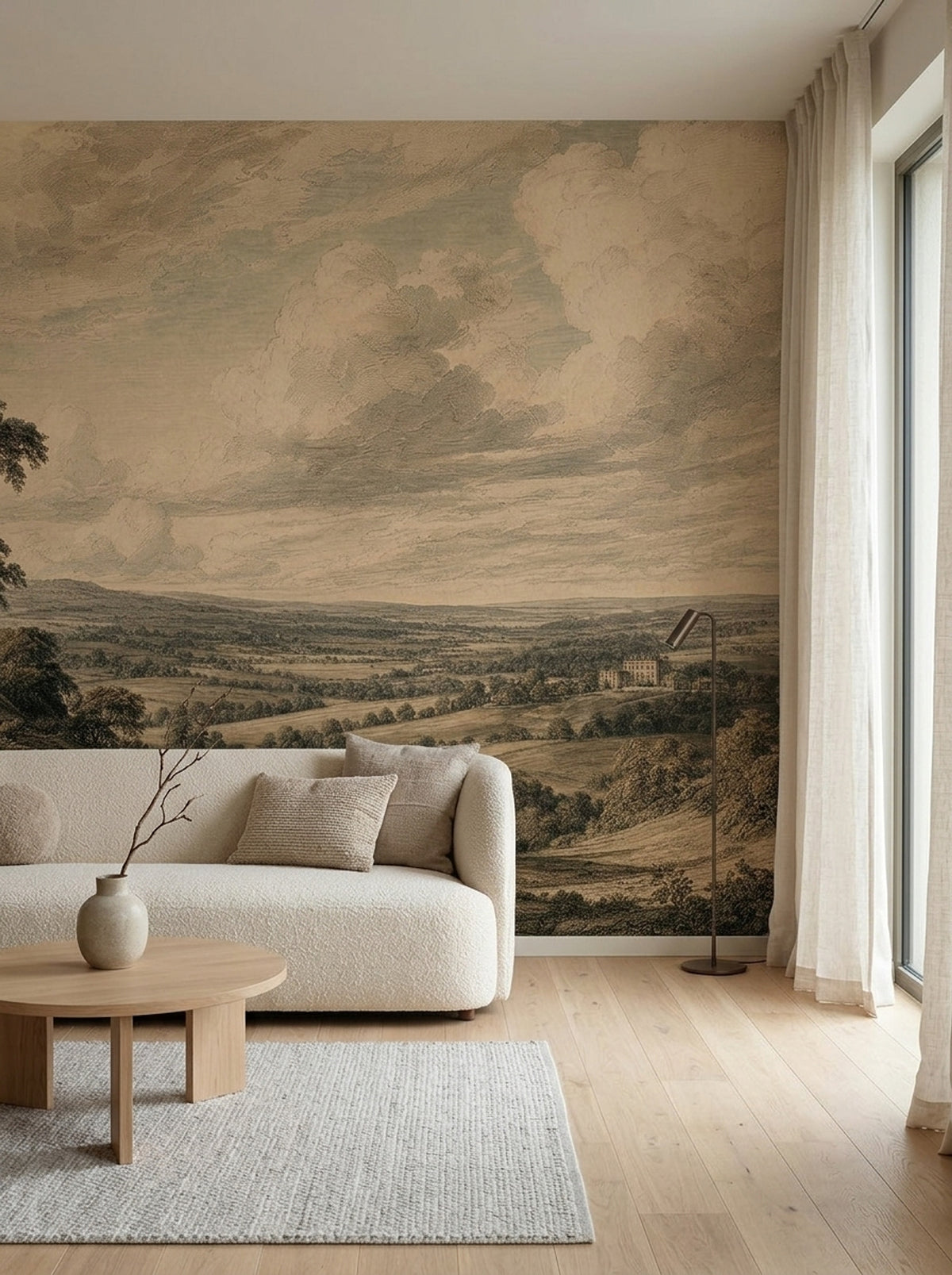 Vintage Landscape Wallpaper Pastoral Countryside Engraved Wall Mural