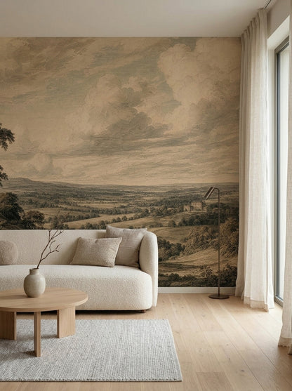 Vintage Landscape Wallpaper Pastoral Countryside Engraved Wall Mural