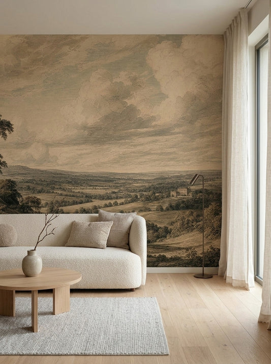 Vintage Landscape Wallpaper Pastoral Countryside Engraved Wall Mural