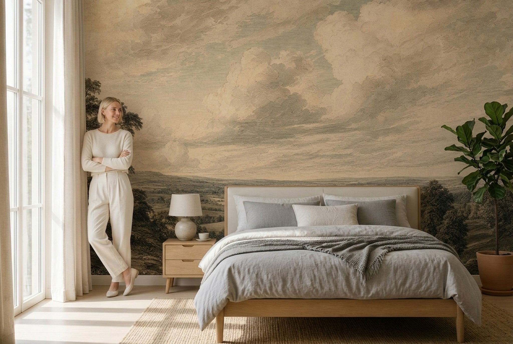 Vintage Landscape Wallpaper Pastoral Countryside Engraved Wall Mural