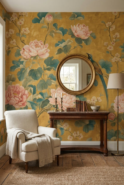 Chinoiserie Wallpaper Peonies Bird Removable Wall Decor