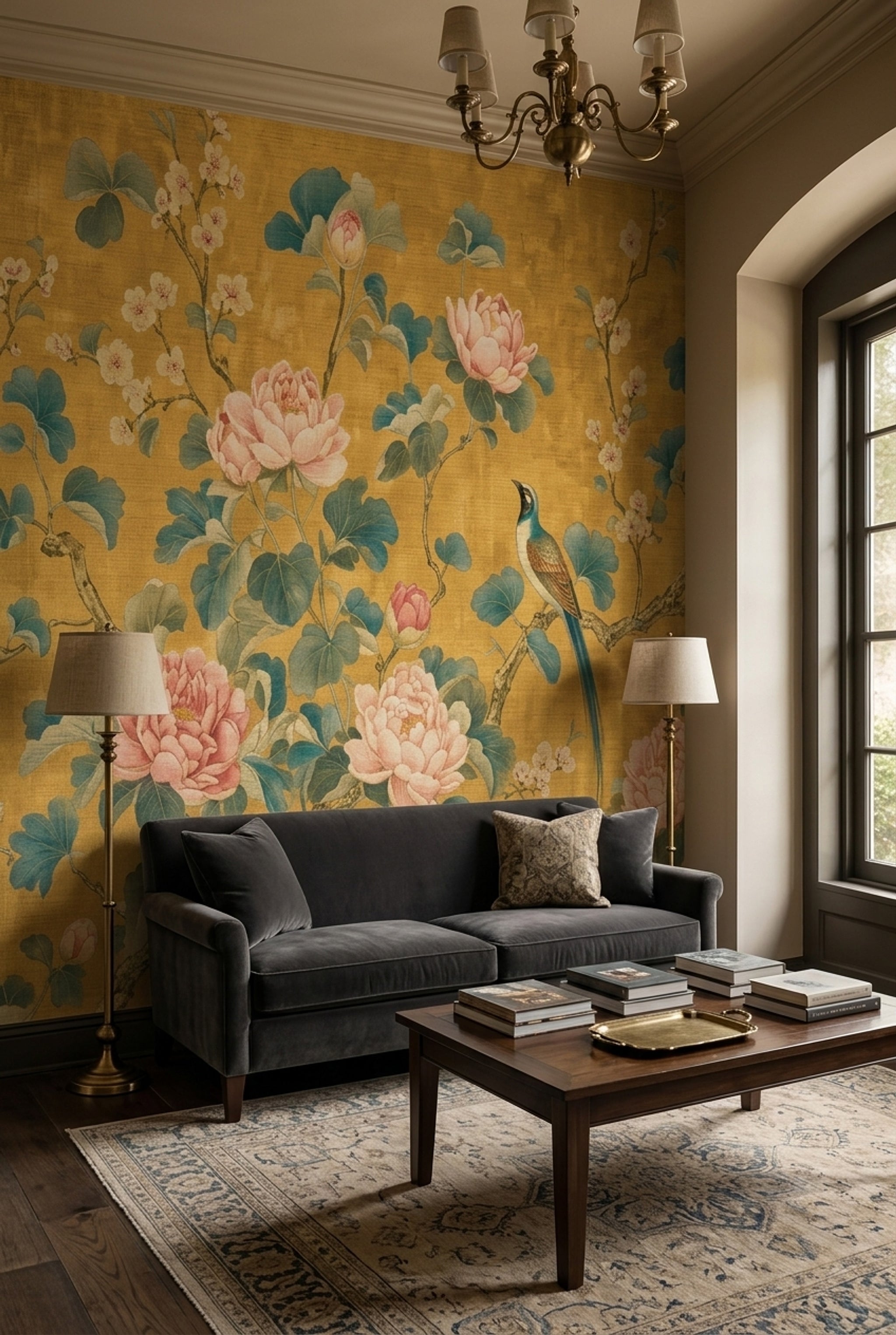 Chinoiserie Wallpaper Peonies Bird Removable Wall Decor