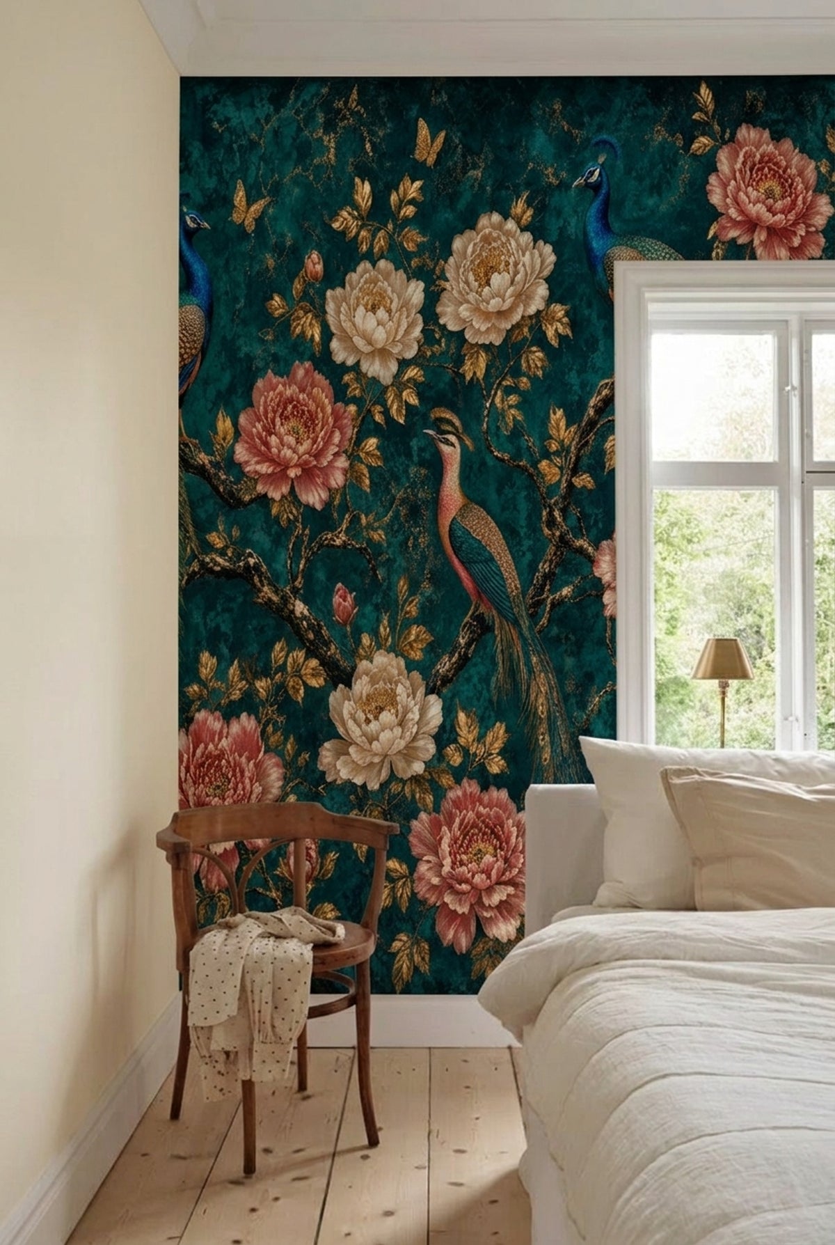 Peacock Wallpaper Dark Teal Background Chinoiserie Removable Wall Decor