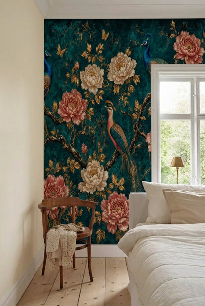 Peacock Wallpaper Dark Teal Background Chinoiserie Removable Wall Decor