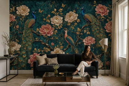 Peacock Wallpaper Dark Teal Background Chinoiserie Removable Wall Decor