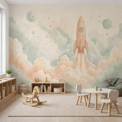 Space Wallpaper Rocket Watercolor Wall Mural