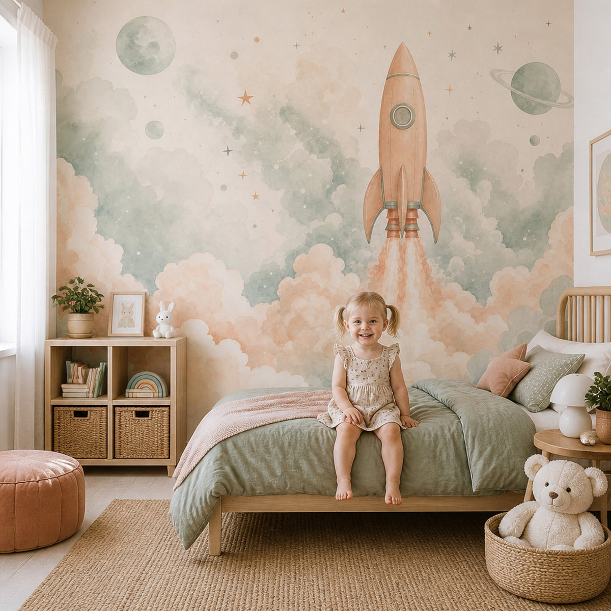 Space Wallpaper Rocket Watercolor Wall Mural