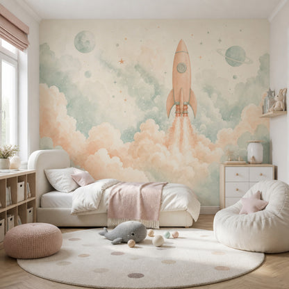 Space Wallpaper Rocket Watercolor Wall Mural