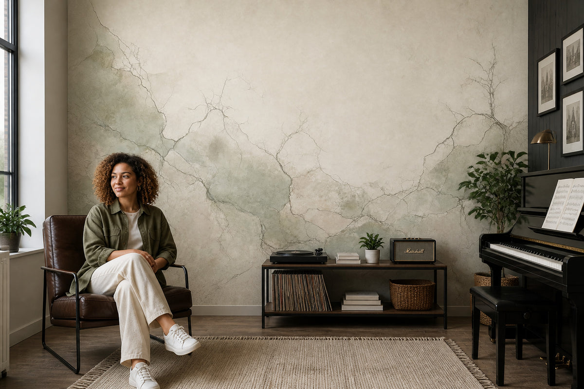 Muted Green Wallpaper Stone Texture Removable Plaster Wall Decor