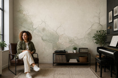 Muted Green Wallpaper Stone Texture Removable Plaster Wall Decor