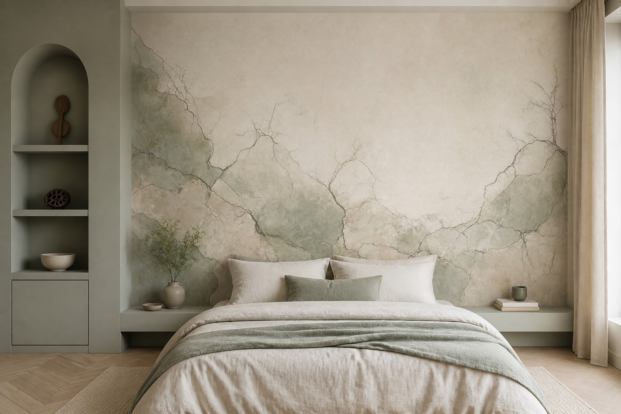 Muted Green Wallpaper Stone Texture Removable Plaster Wall Decor