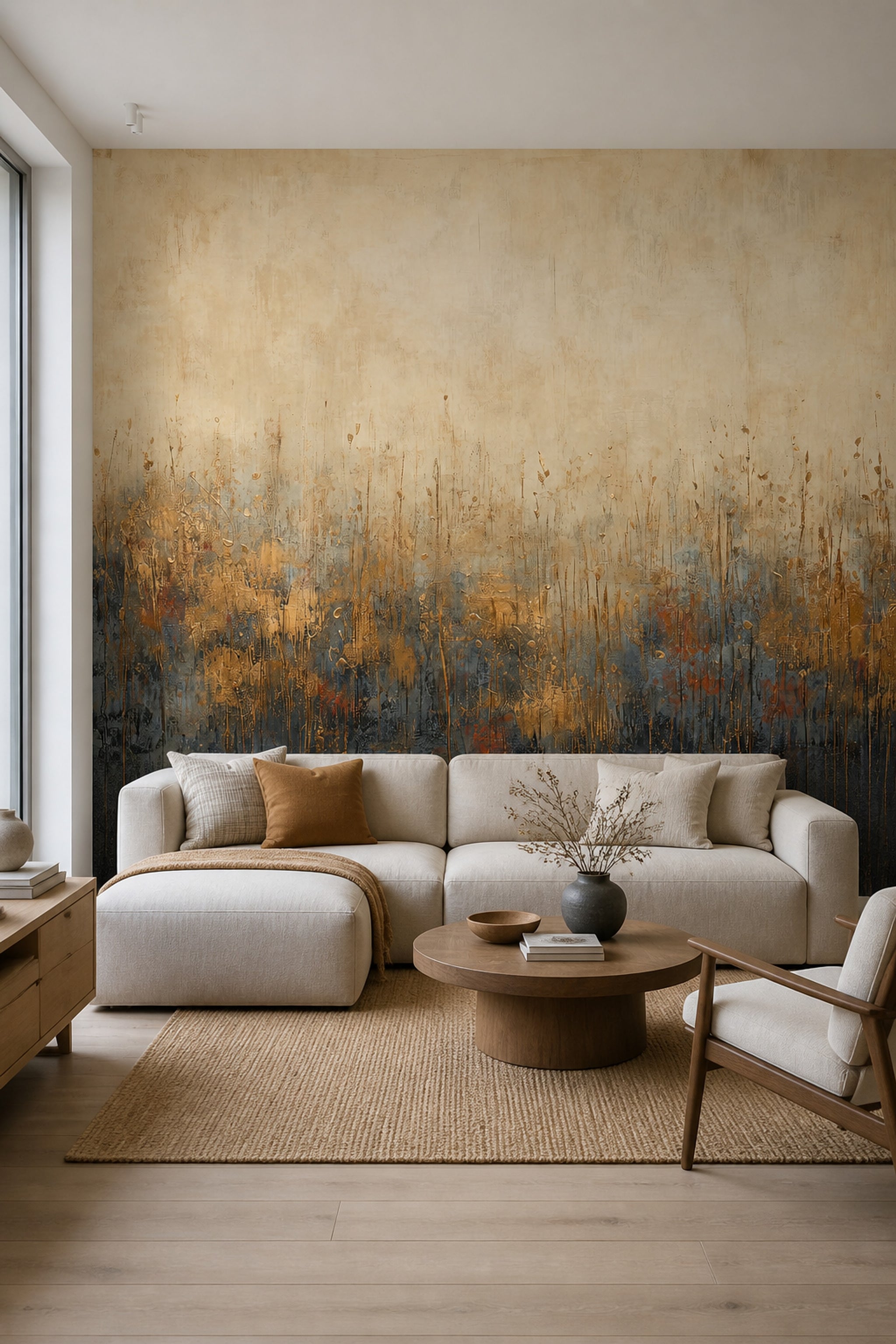 Abstract Meadow Wallpaper Textured Gold Accents Wall Mural
