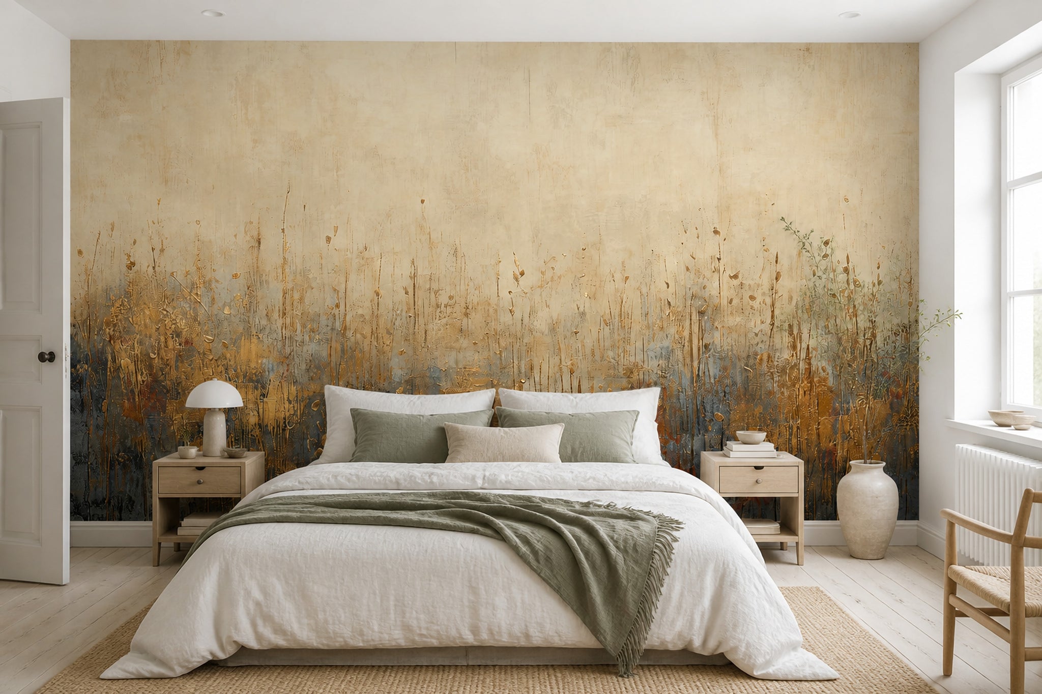 Abstract Meadow Wallpaper Textured Gold Accents Wall Mural