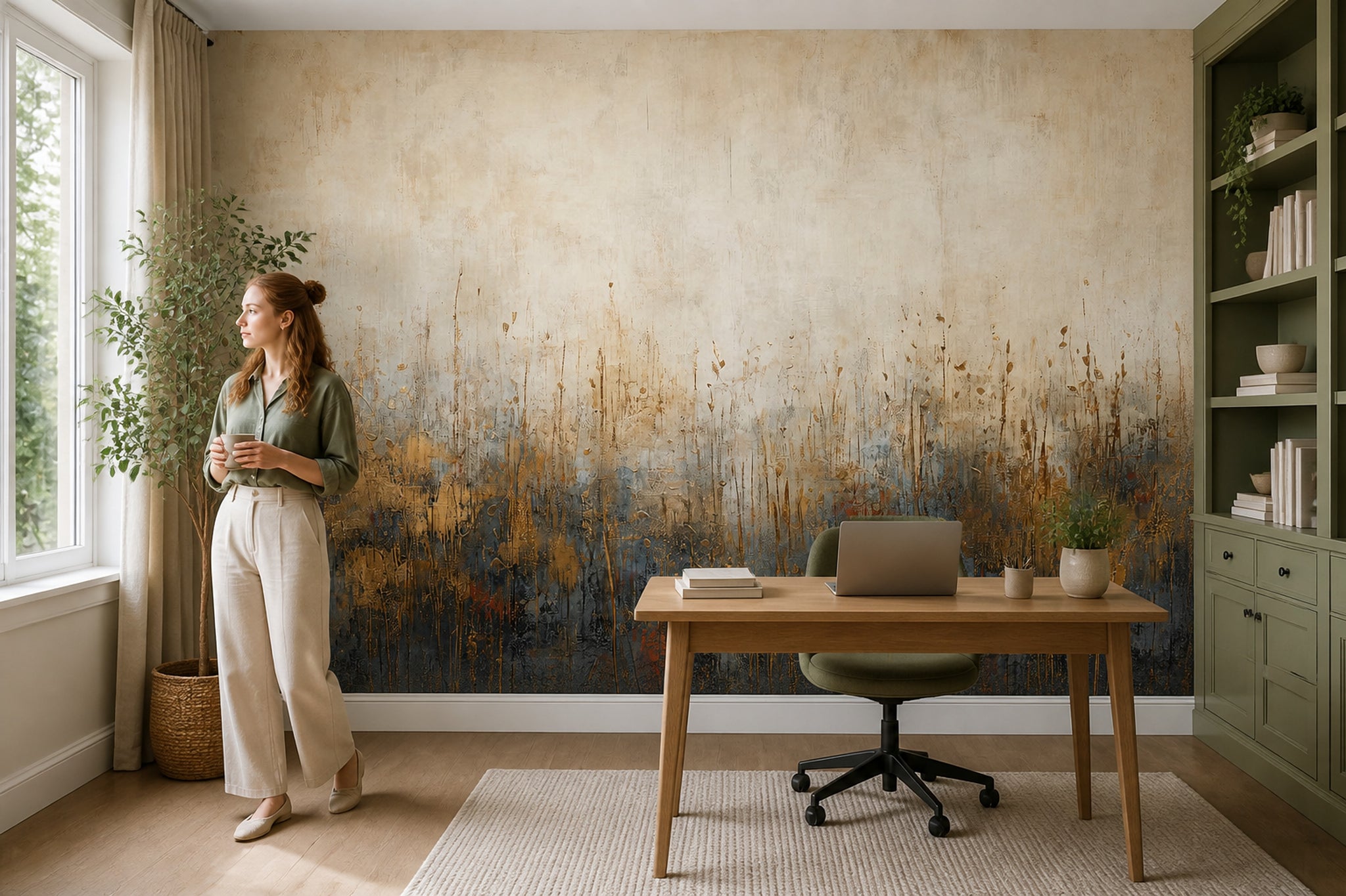 Abstract Meadow Wallpaper Textured Gold Accents Wall Mural