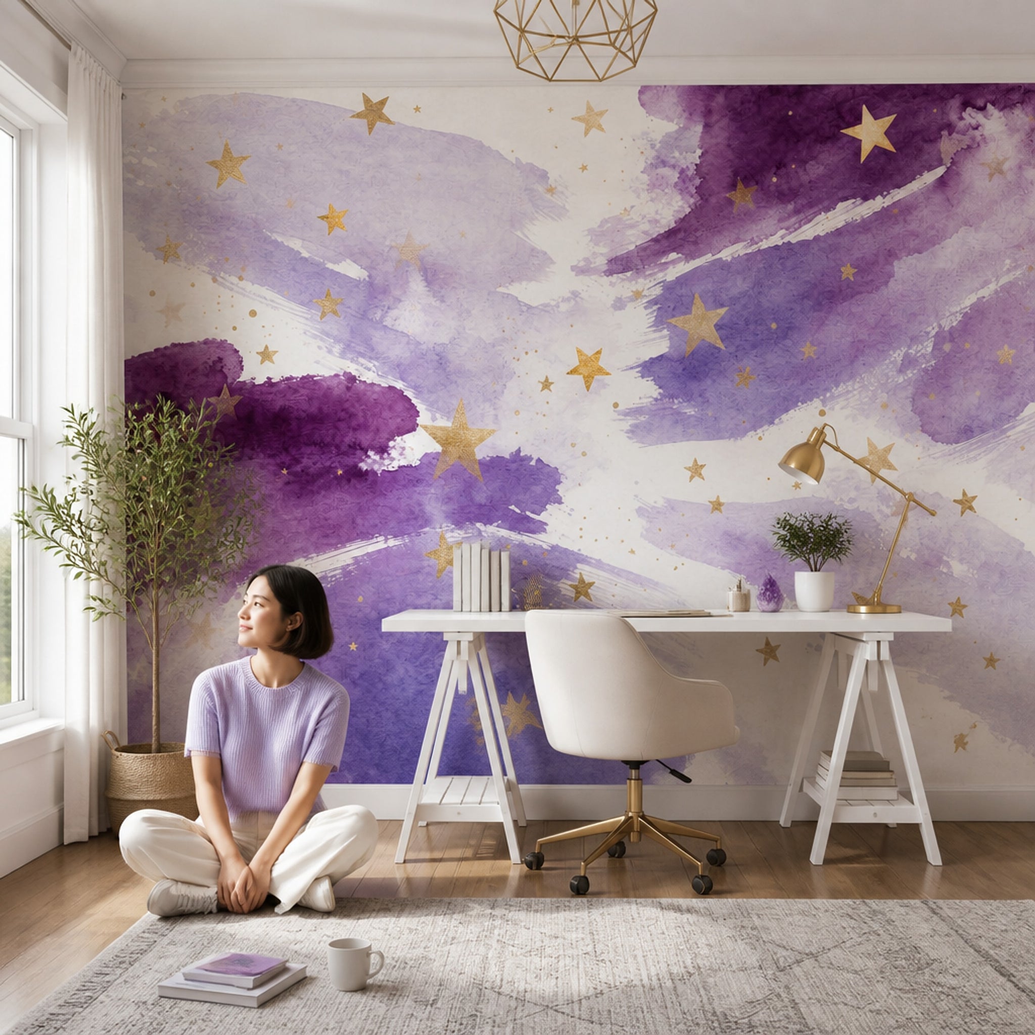 White Background Wallpaper Watercolor Removable Stars Wall Decor
