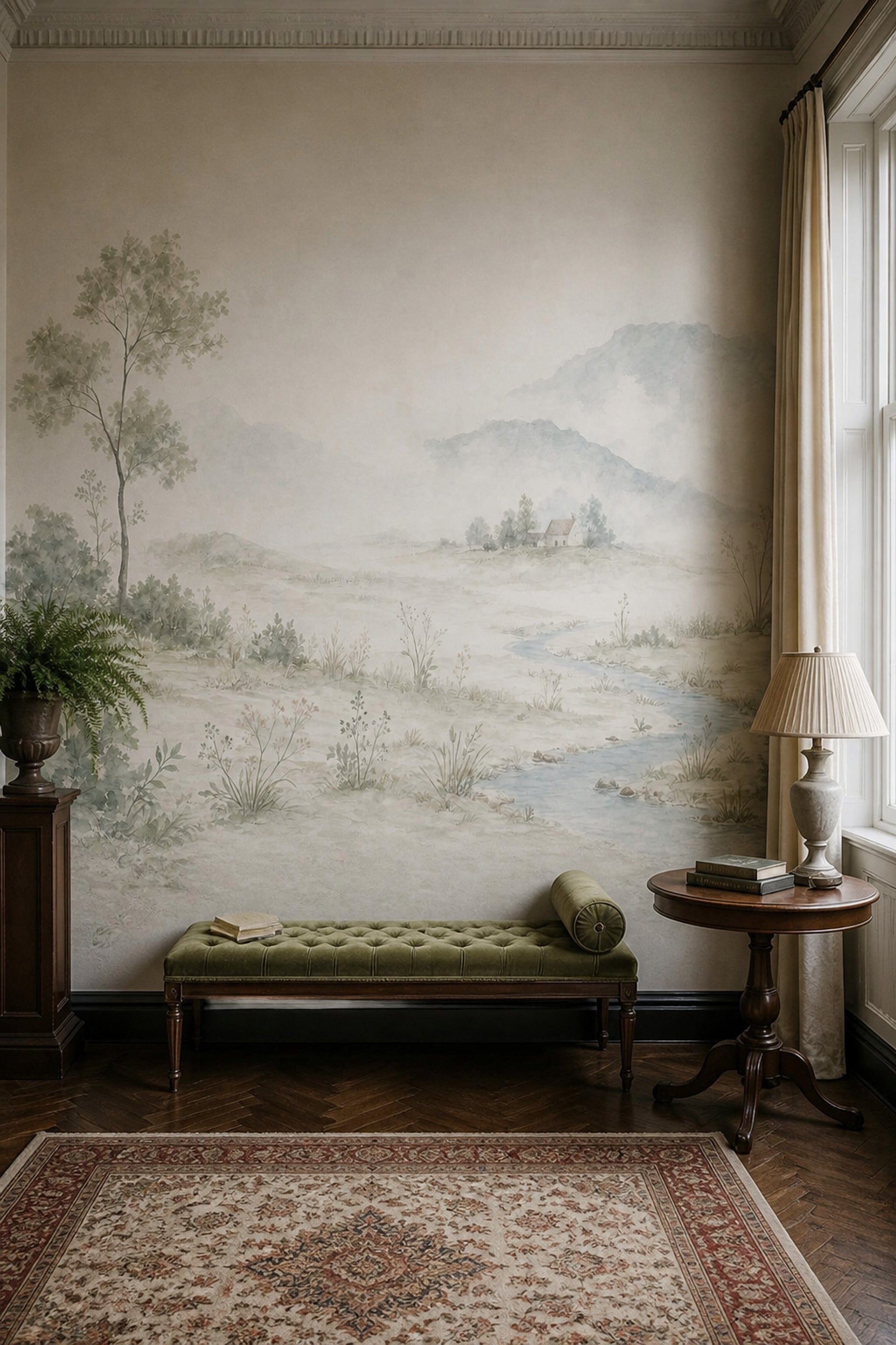 Watercolor Landscape Wallpaper Misty Mountains Pastoral Countryside Wall Mural