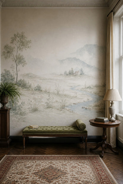 Watercolor Landscape Wallpaper Misty Mountains Pastoral Countryside Wall Mural