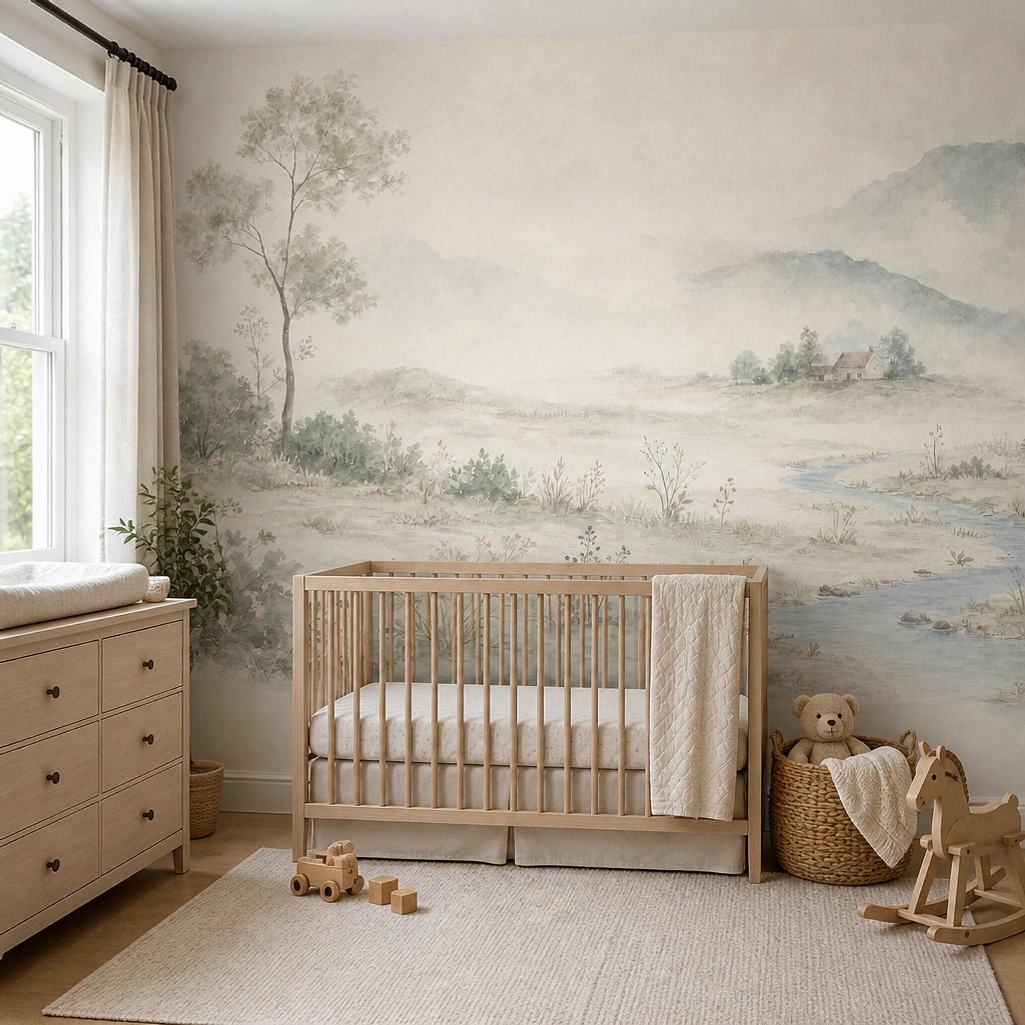 Watercolor Landscape Wallpaper Misty Mountains Pastoral Countryside Wall Mural