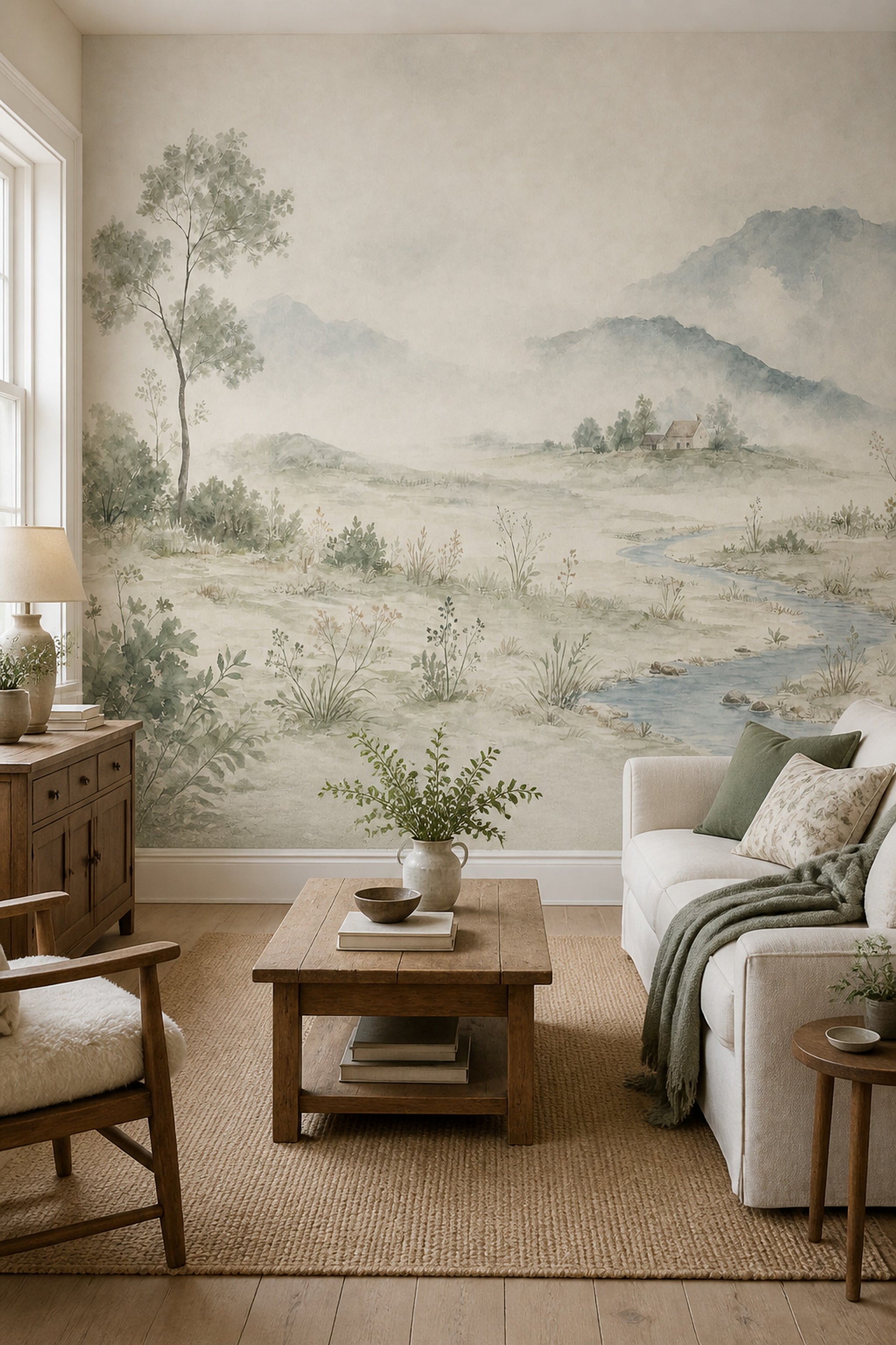Watercolor Landscape Wallpaper Misty Mountains Pastoral Countryside Wall Mural