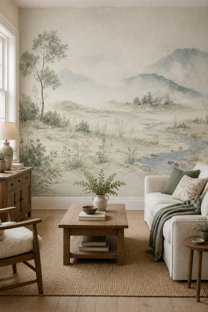 Watercolor Landscape Wallpaper Misty Mountains Pastoral Countryside Wall Mural
