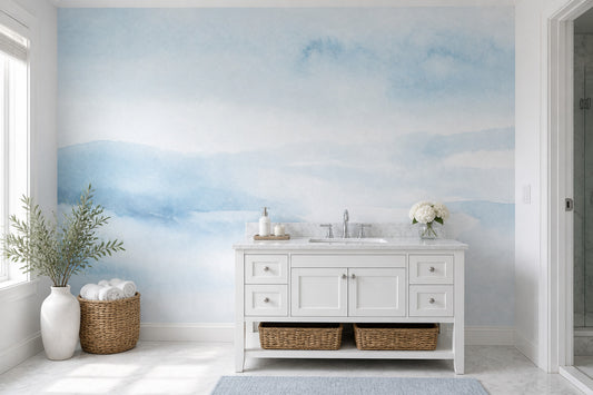 Abstract Watercolor Wallpaper Blue Wash Soft Horizon Removable Wall Decor